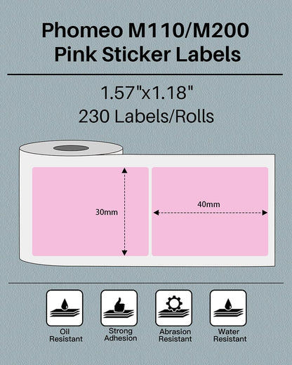 Phomemo Sticker Label M110/M221/M220/M120/M200/M110S Pink Label- 1.57''x1.18''(40x30mm) Thermal Label for Small Business, Home, Office, 230 Labels/Roll
