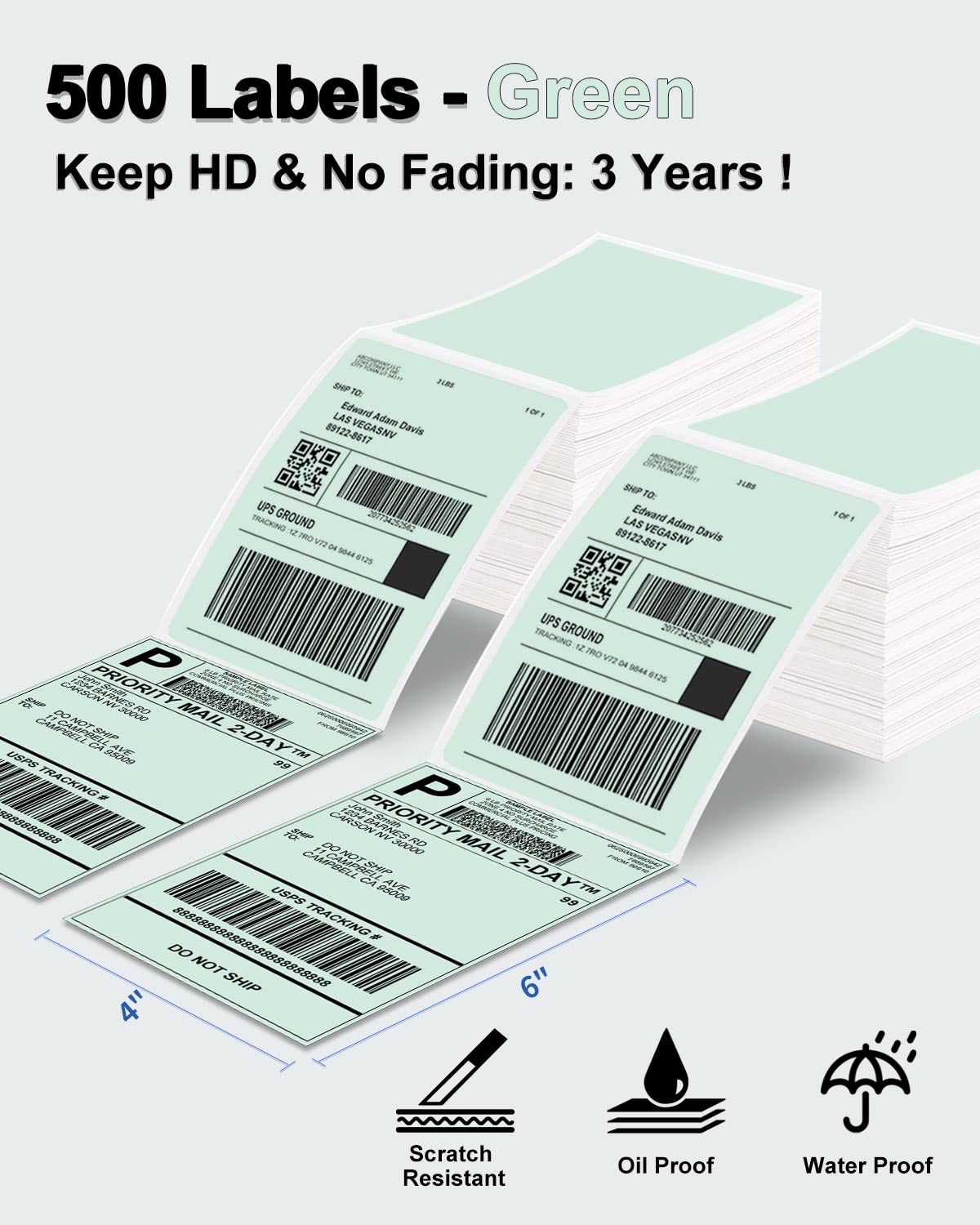 Phomemo 4x6 Thermal Label Printer Paper - 500 PCS 4''x6'' Fan-Fold Labels Green Shipping Supplies Labels - Water/Oilproof Label Stickers - Permanent Adhesive 4x6 Thermal Printer Labels Paper for Printer