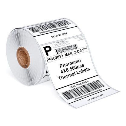 Phomemo 4''x6'' Direct Thermal Shipping Label, Pack of 500 4x6 Thermal Labels - for Shipping Labels,Mailing,Address, Product Logo, Barcode Labels,Strong Adhesive (White)-Roll Version