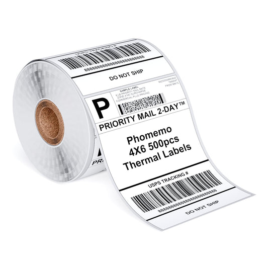 Phomemo 4''x6'' Direct Thermal Shipping Label, Pack of 500 4x6 Thermal Labels - for Shipping Labels,Mailing,Address, Product Logo, Barcode Labels,Strong Adhesive (White)-Roll Version