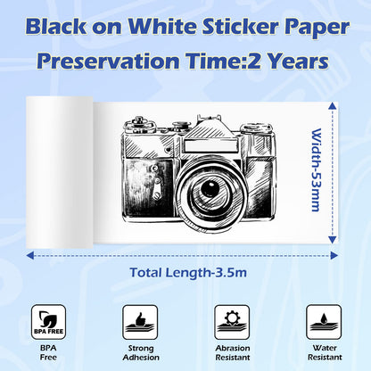 Phomemo T02/M02X/M02L Papier autocollant - 3 rouleaux de papier autocollant pour imprimante thermique, 53 mm x 3,5 m, conservation 2 ans, noir sur blanc pour imprimante de poche Phomemo T02/M02X/M02L