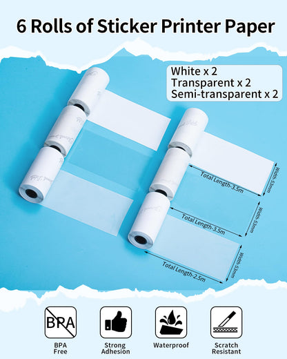 Phomemo 53mm Papier f¨¹r M02,M02S,M02PRO,M03,M03AS,M04S,M04AS - 6 Rollen, 2 x Wei?es Papier, 2 x Transparentes Papier, 2 x Halbtransparent, Schwarzer Druck