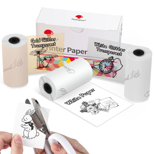 Phomemo papier voor Phomemo T02, M02, M02S, M02PRO, M03, M03AS, M04S, M04AS, Wit/Goud Glitter Transparant/Wit Glitter Transparant papier, 53 mm x 3,5 mm, 3 rollen