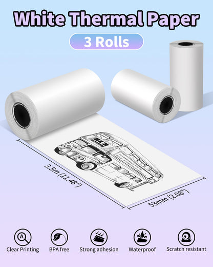 Phomemo papier voor M02PRO, T02, M02, M02S, M03, M03AS, M04S, M04AS Mini thermische printer, Wit zelfklevend thermisch papier voor scrapbooking, foto's, notities, labels, 53mm x 3,5 m, 3 rollen