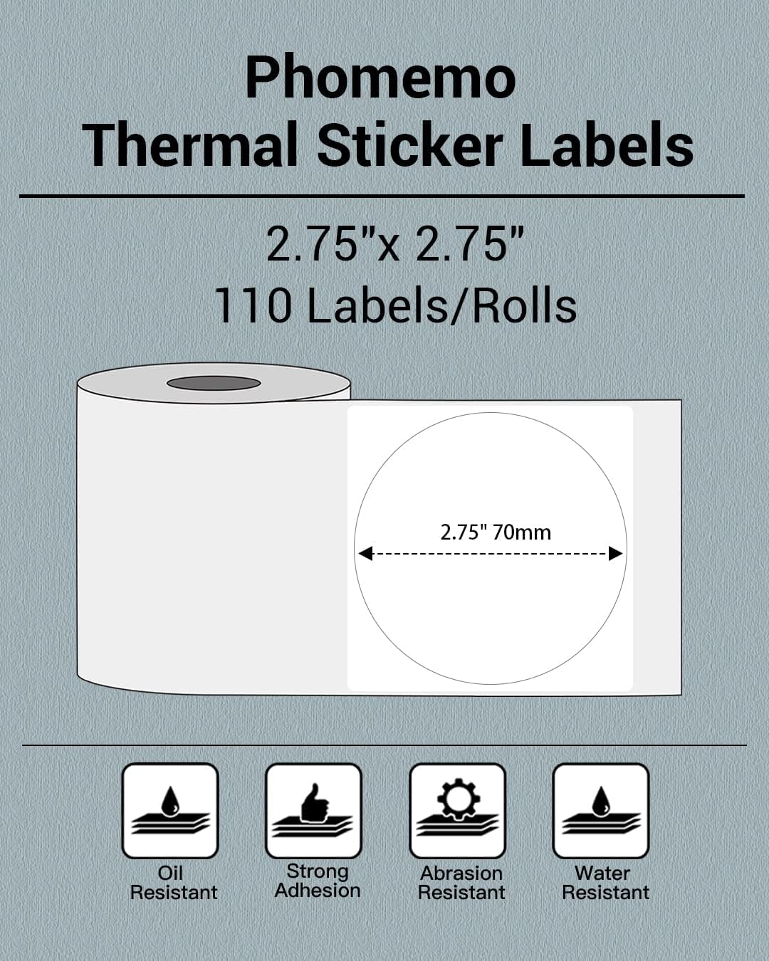 Phomemo Sticker Circle Labels- 2.75''x2.75''(70x70mm) Thermal Label for M221/M220/M200, for Barcode/Address/Mailing/Logo/Business/Home Tag, Black on White