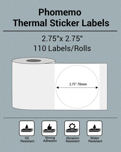 Phomemo Sticker Circle Labels- 2.75''x2.75''(70x70mm) Thermal Label for M221/M220/M200, for Barcode/Address/Mailing/Logo/Business/Home Tag, Black on White