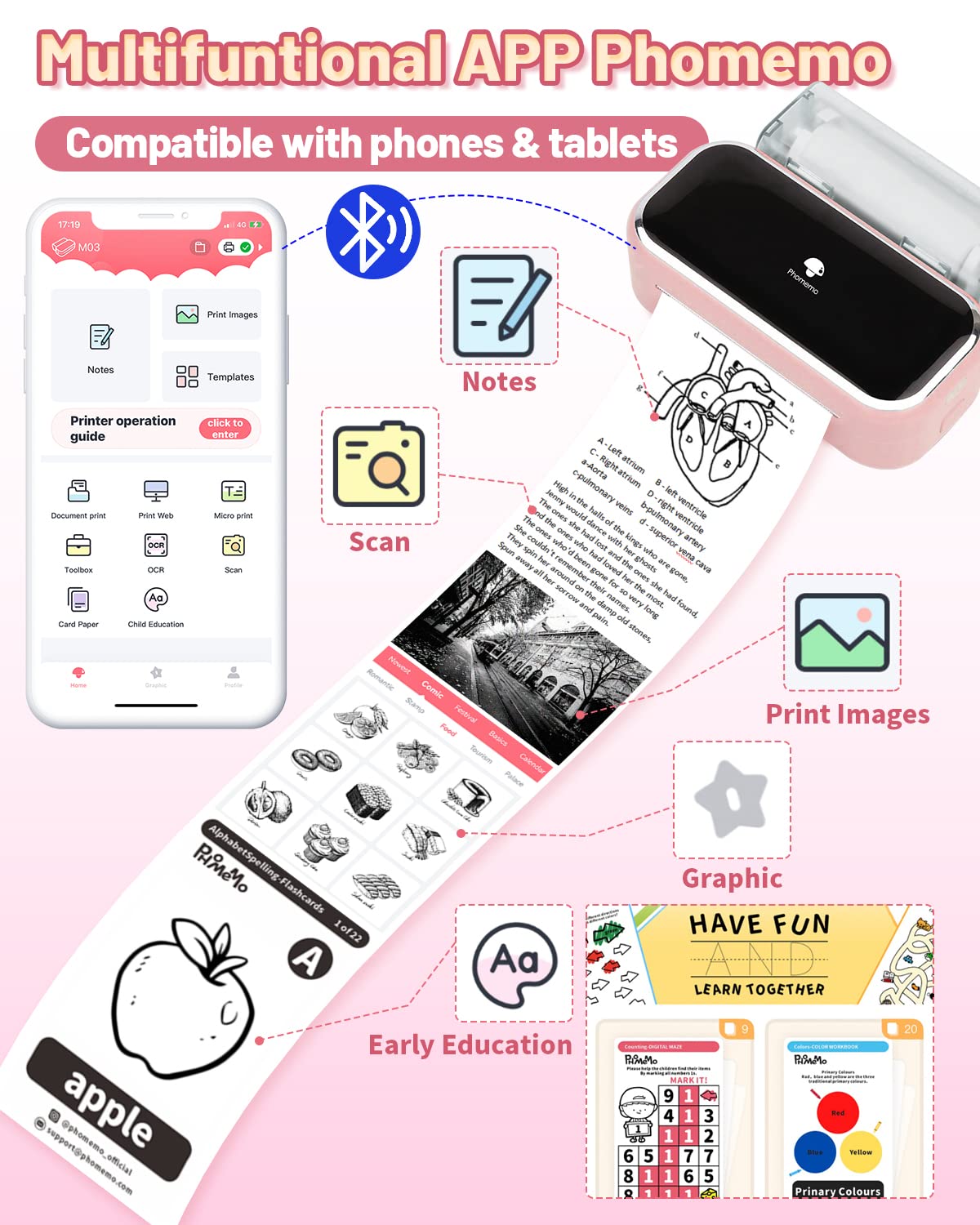 Imprimante Photo Thermique Phomemo M03- Imprimante Photo Thermique Mobile Bluetooth, Impression 80 mm, Compatible avec Android ios pour des Photos de Style Rétro, Assistant de Vie Utile, Cadeau - Rose