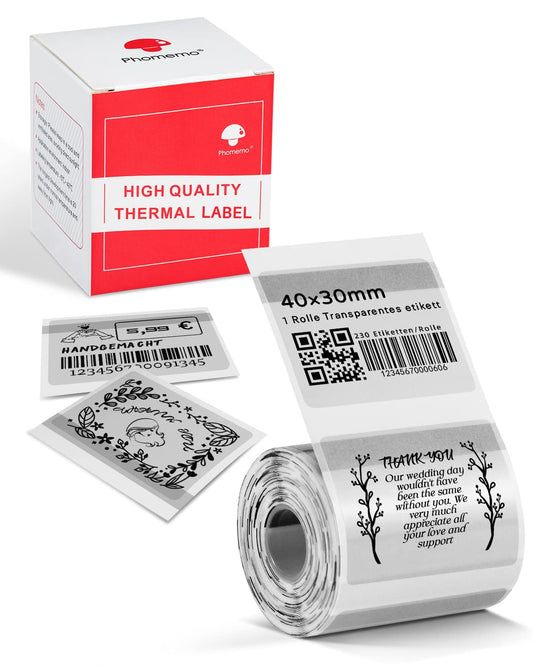 Phomemo 1 ¨¦tiquette thermosensible transparente ¨¤ rouleaux, ¨¦tiquette transparente auto 40 * 30 mm, 230 ¨¦tiquettes/rouleaux pour l'imprimante d'¨¦tiquettes M120,M110,M200,M220