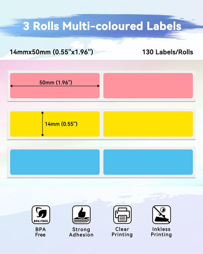 Phomemo Q30S ¨¦tiquettes, 14 ¡Á 50 mm Couleur (Jaune/Rose/Bleu) ¨¦tiquettes Thermiques Autocollantes pour Imprimante d'¨¦tiquettes Phomemo D30,Q30S,Q31, 130 ¨¦tiquettes/par Rouleau, 3 Rouleaux
