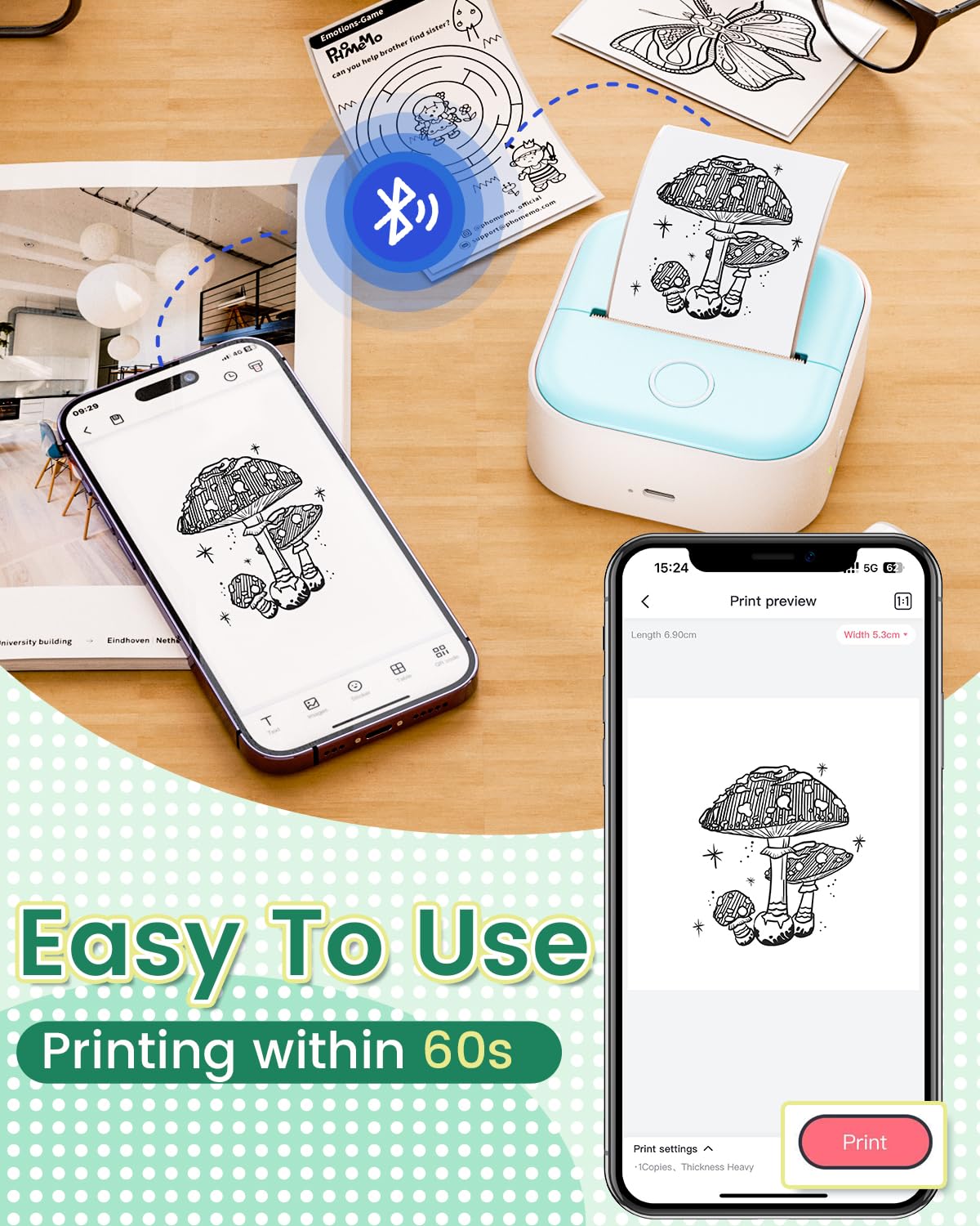 Phomemo Sticker Printer, T02 Print Pod Mini Thermal Printer with 3 Rolls Paper, Inkless Sticker Maker Machine Pocket Photo Printer, Bluetooth Portable Phone Printer for Study Notes, Journal, Pictures