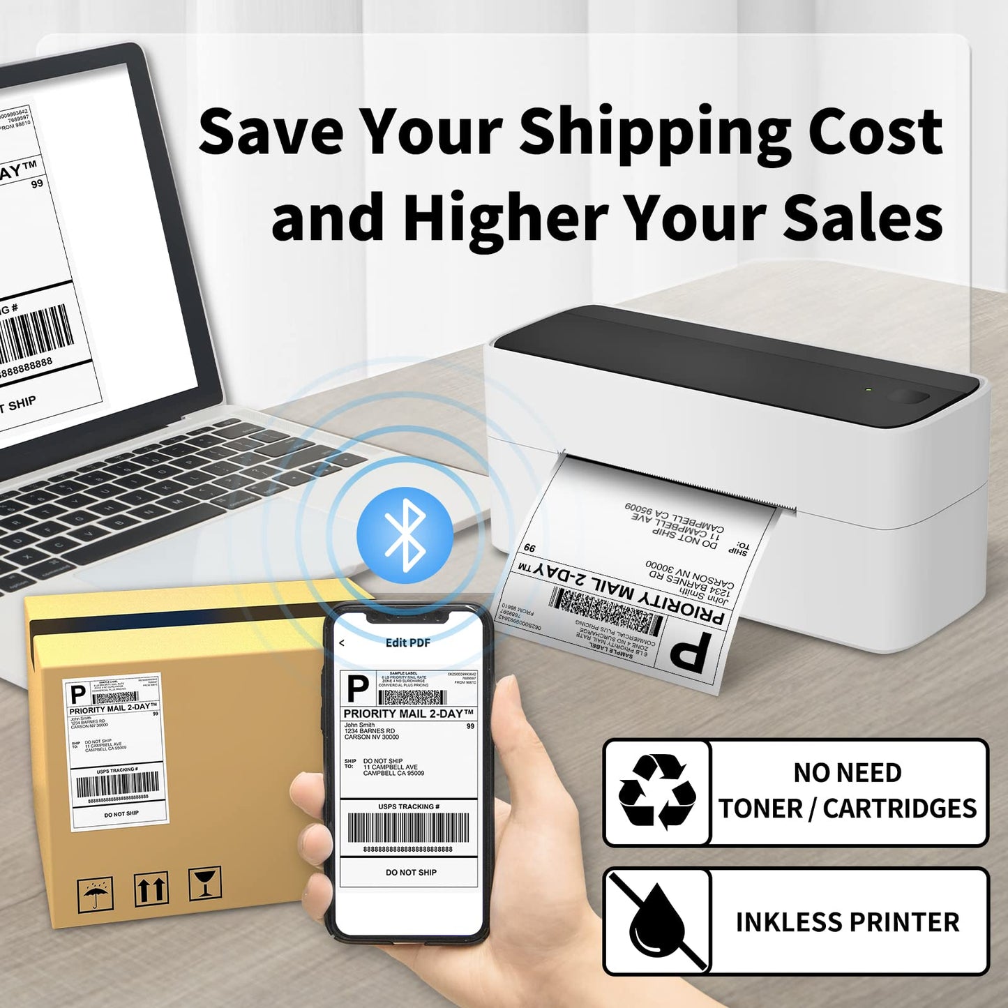 Phomemo Bluetooth Thermal Label Printer 4x6, Wireless Shipping Label Printer Machine for Shipping Packages, Address, Small Business, Compatible with Royal Mail, eBay, Esty, Shopify, Amazon