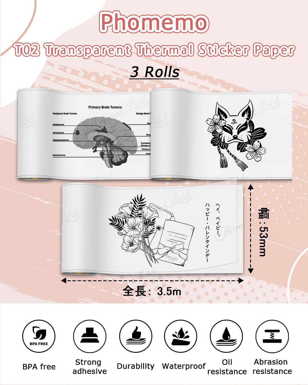 Phomemo T02 Transparent Sticker Thermal Paper, Thermal Printer Paper, Compatible with T02/M02X/M02L, 1.96'' x 11.4' (50mmx3.5m/Roll), Black Text, Keep for Long Time, 3 Rolls