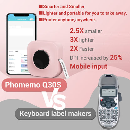 Phomemo Q30S Bluetooth Label Maker Machine with tape,Mini Thermal Wireless Label Printer Handheld for iOS & Android, Portable Sticker labeling Machine for Home,OfficeSchool-With 1 Roll Label (Pink)
