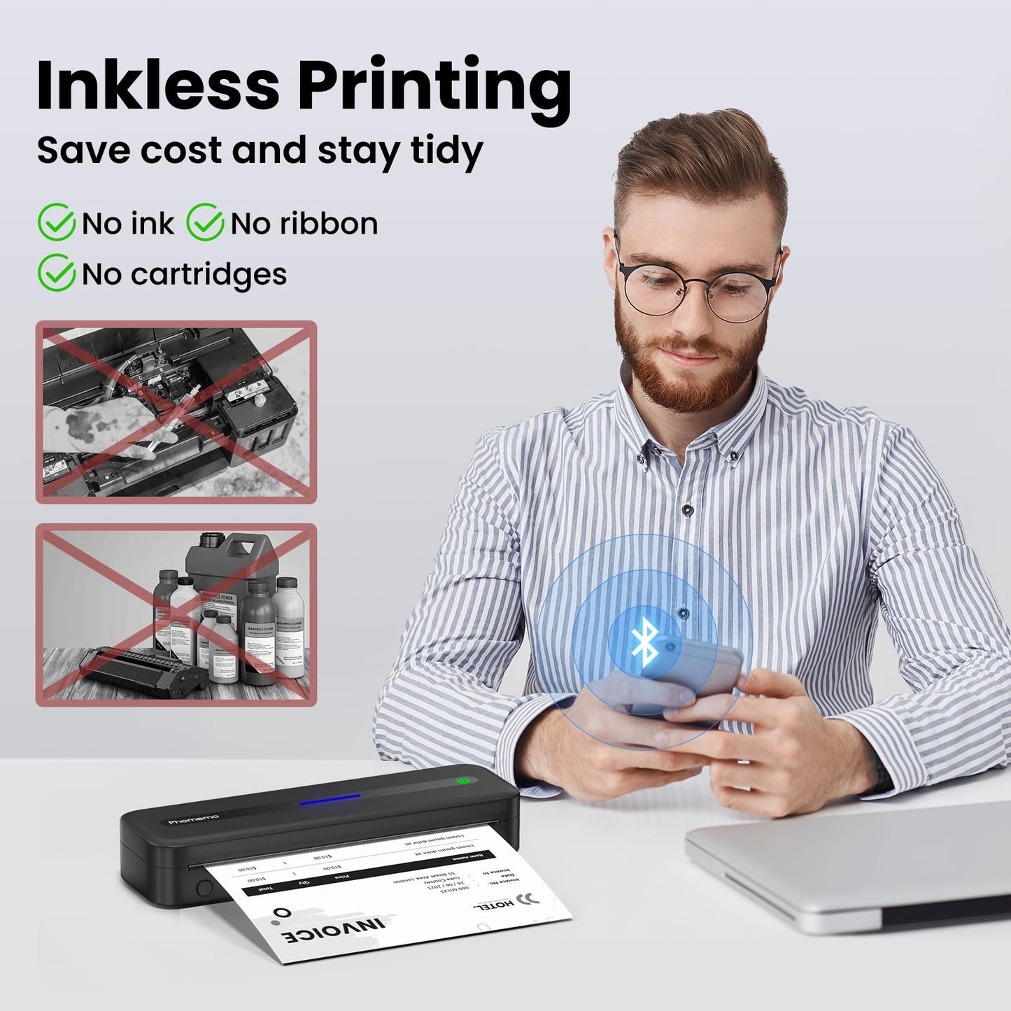 Phomemo Portable Printers Wireless for Travel, M832 Inkless Thermal Printer Support 8.5'' x 11'' US Letter & A4 Size, Mobile Printer Compatible with iPhone Android Laptop, Bluetooth Printer with Case