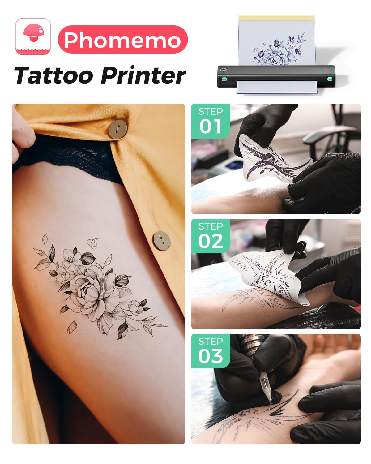 Phomemo Wireless Tattoo Stencil Printer, with Storage Case & 10 Pcs Tattoo Transfer Paper, Bluetooth Tattoo Transfer Printer for Tattoo Artists, Beginners, Compatible with Phone & PC