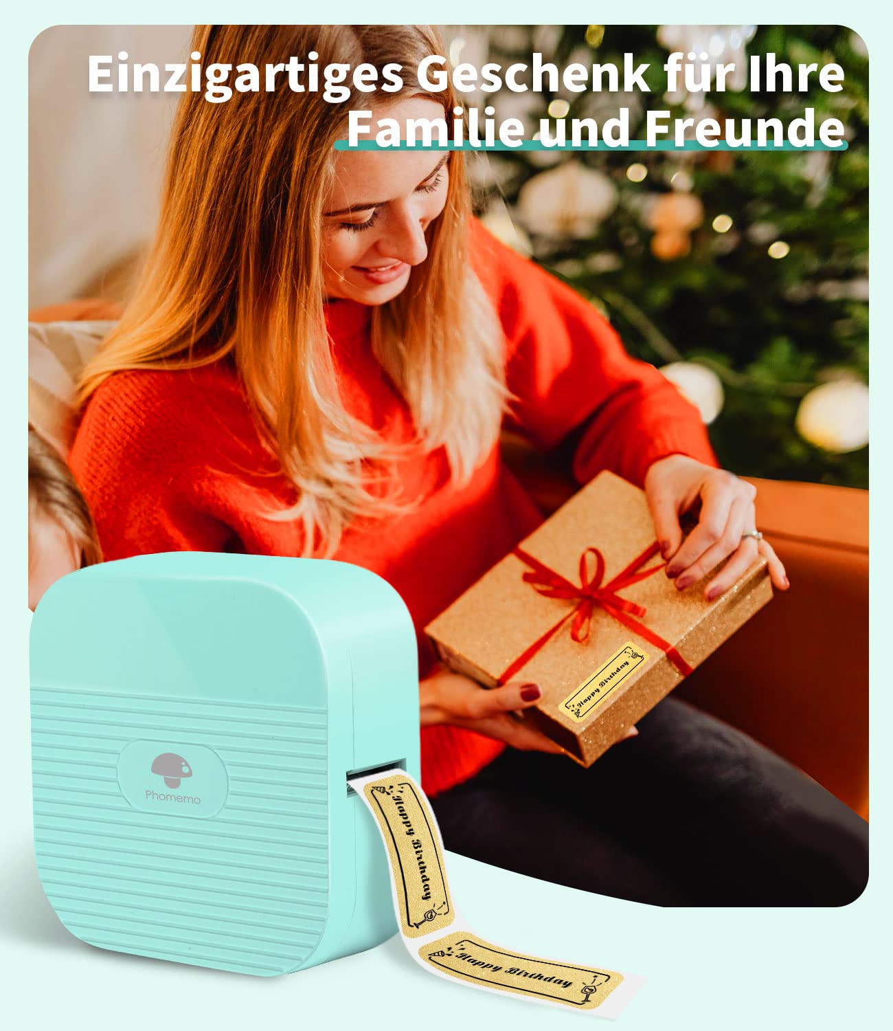 Phomemo Set regalo stampante di etichette Bluetooth Q31, mini etichettatrice per iOS e Android, etichettatrice autoadesiva per casa e ufficio con 3 rotoli di etichette (verde)