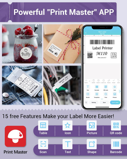 Label Maker - Phomemo-M110 Portable Bluetooth Thermal Mini Label Printer Machine, Sticker Maker, Barcode Printer, Apply to Labeling, Office, Cable, Retail, Compatible with Android & iOS System¡­