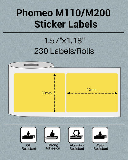 Phomemo Sticker Label M110/M221/M220/M120/M200/M110S Thermal Label- Black on Yellow 1.57''x1.18''(40x30mm) for Small Business, Home, Office, 230 Labels/Roll