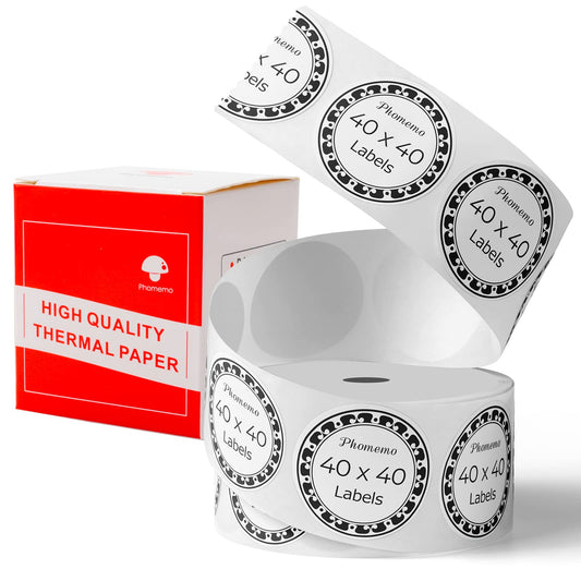 Multi-Purpose Self-Adhesive Round Label for Phomemo-M110/M200 Label Maker, £¨40x40 mm£©Thermal Label for Barcode Label, DIY Logo Design, Black on White