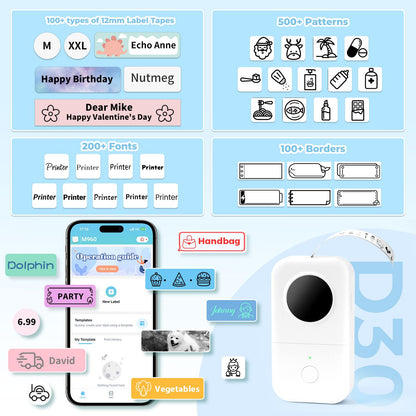 Phomemo D30 Label Maker Machine with 3 Rolls Label,Thermal Bluetooth Mini Label Maker,Wireless Smart Label Printer Handheld, For Home,Office,School, Compatible with Android and iOS- White