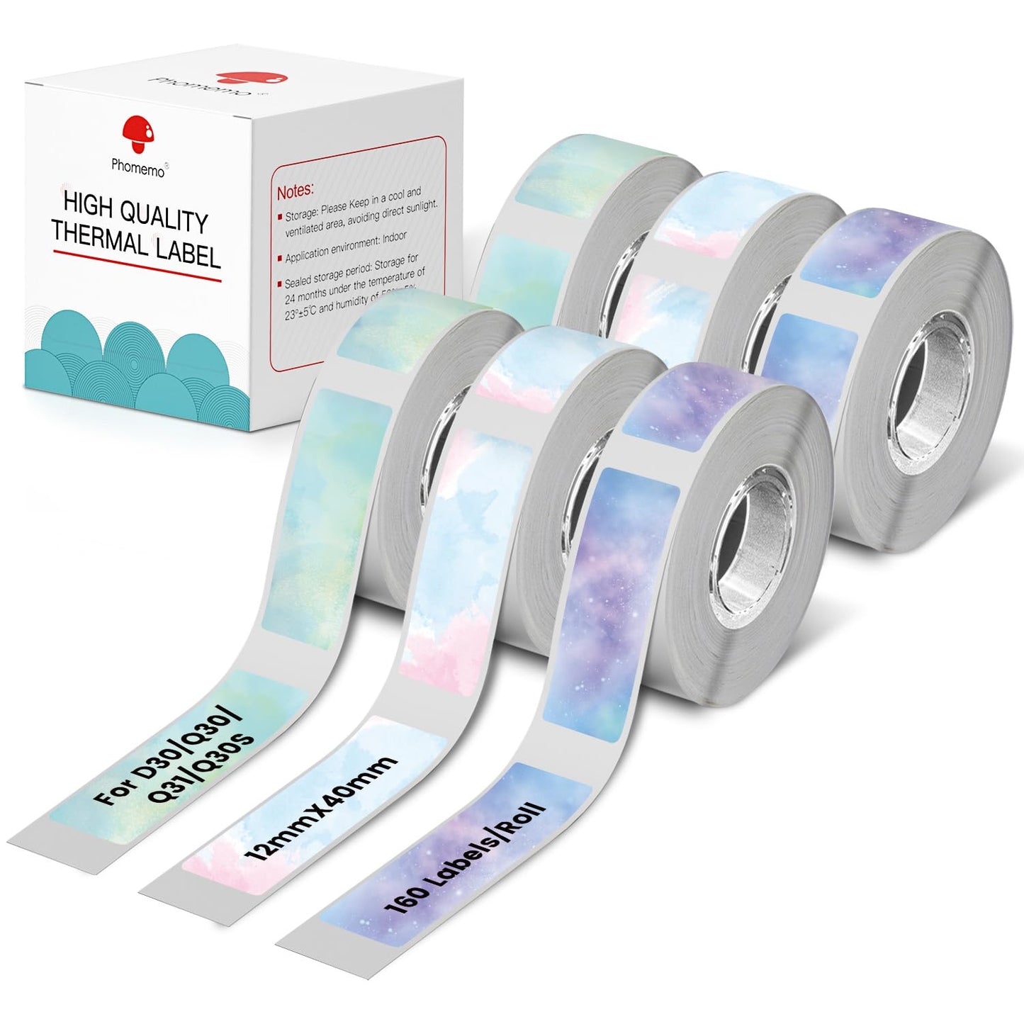 6 rotoli D30 etichette autoadesive Phomemo, 14mm ¡Á 50mm,compatibili con stampanti etichette PhomemoD30, adatte per casa, scuola, 130/rotolo, 6 rotoli (blu mare, fiori di ciliegio, giallo fresco)