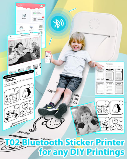 Phomemo T02 Sticker Printer- Inkeless Printer Mini Printer Sticker Maker Bluetooth Thermal Pocket Printer for Study Notes, Stickers, Photos, DIY Printing, with 3 Rolls Paper, White
