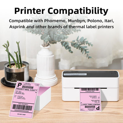 Phomemo 4x6¡®' 500 ¨¦tiquettes/pile, ¨¦tiquettes d'exp¨¦dition roses Compatibles avec les imprimantes d'¨¦tiquettes MUNBYN, Phomemo, ¨¦tiquettes thermiques sans BPA Autocollantes -100 x 150mm
