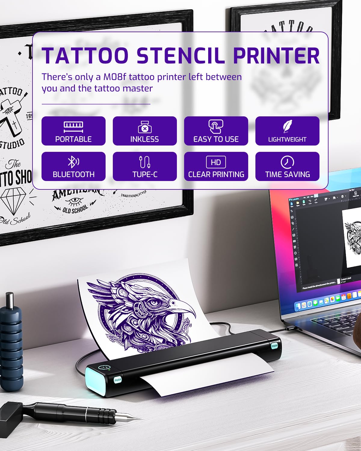 Phomemmo Wireless Tattoo Stenicl Printer(Black), Stencil Printer for Tattooing,Bluetooth Tattoo Printer for Tattoo Artists & Beginners with 1 Carry Case