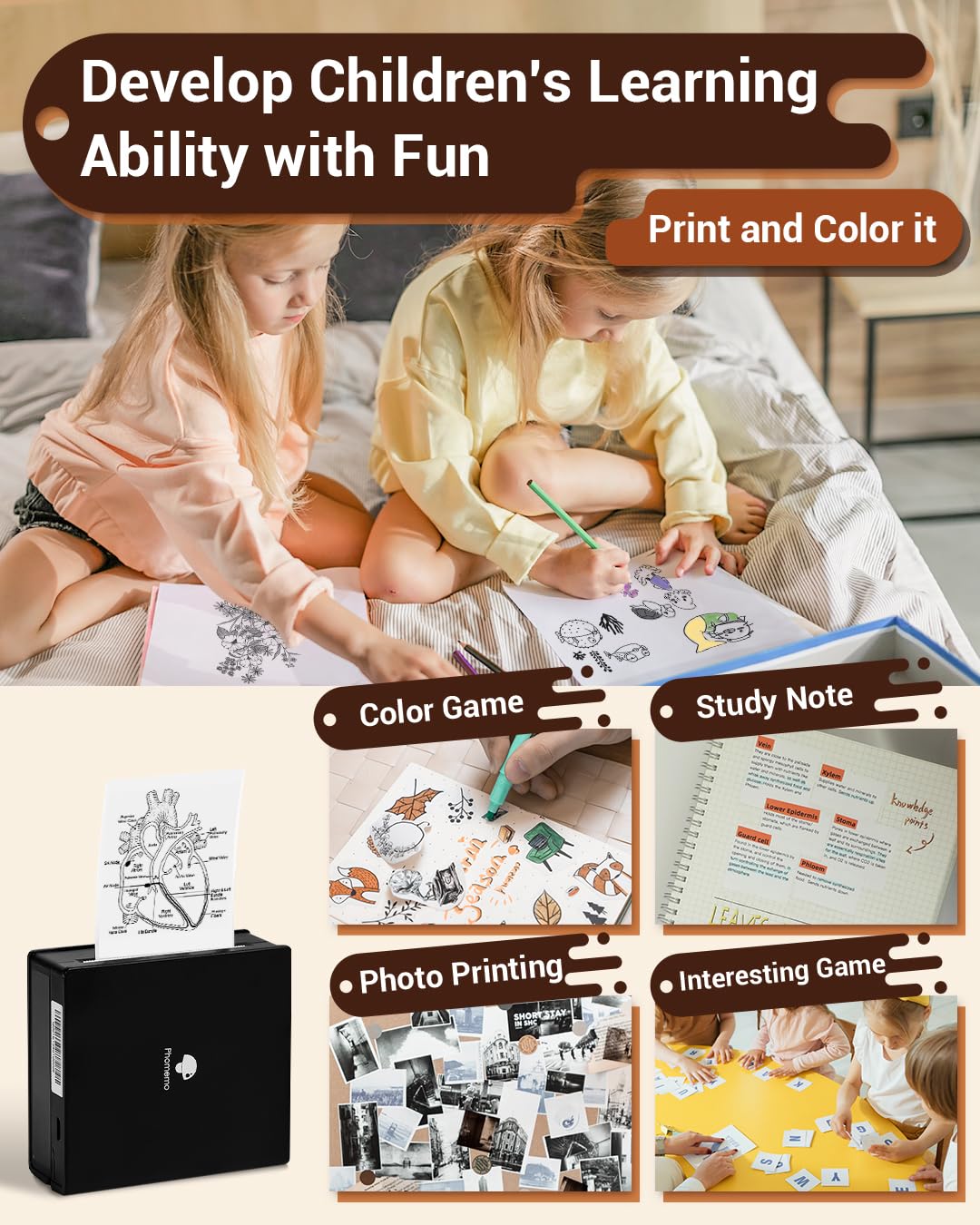 Phomemo Stampante tascabile M02 - Mini stampante adesiva, stampante fotografica termica 203 dpi, piccola stampante fotografica senza fili Bluetooth, stampante portatile per bambini, nero