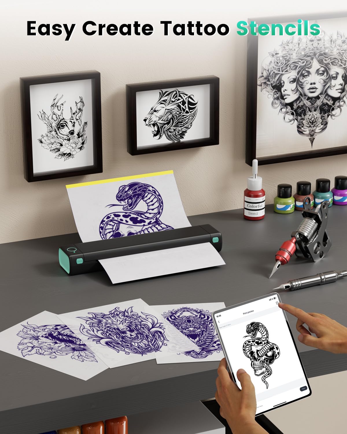 Bluetooth Tattoo Stencil Printer, Phomemo M08F Wireless Tattoo Stencil Printer for Tattooing, Thermal Printer Tattoo Kit with 10PCS Transfer Paper, Compatible with Smartphone Tablet PC