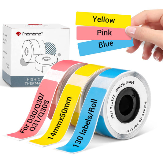 Phomemo Q30S ¨¦tiquettes, 14 ¡Á 50 mm Couleur (Jaune/Rose/Bleu) ¨¦tiquettes Thermiques Autocollantes pour Imprimante d'¨¦tiquettes Phomemo D30,Q30S,Q31, 130 ¨¦tiquettes/par Rouleau, 3 Rouleaux