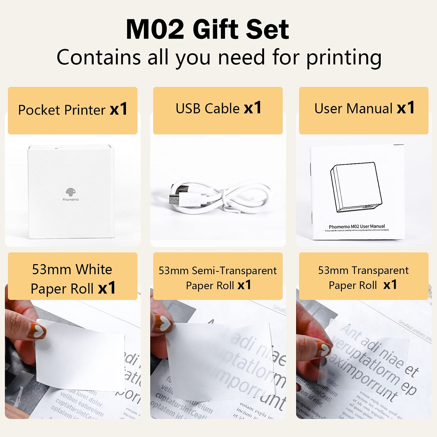 M02 - Kit de Impresora port¨¢til con 3 Rollos de Papel incluidos, Impresora t¨¦rmica de Bolsillo Bluetooth, Impresora fotogr¨¢fica instant¨¢nea Compatible con Android, iPhone y iPad,Blanco