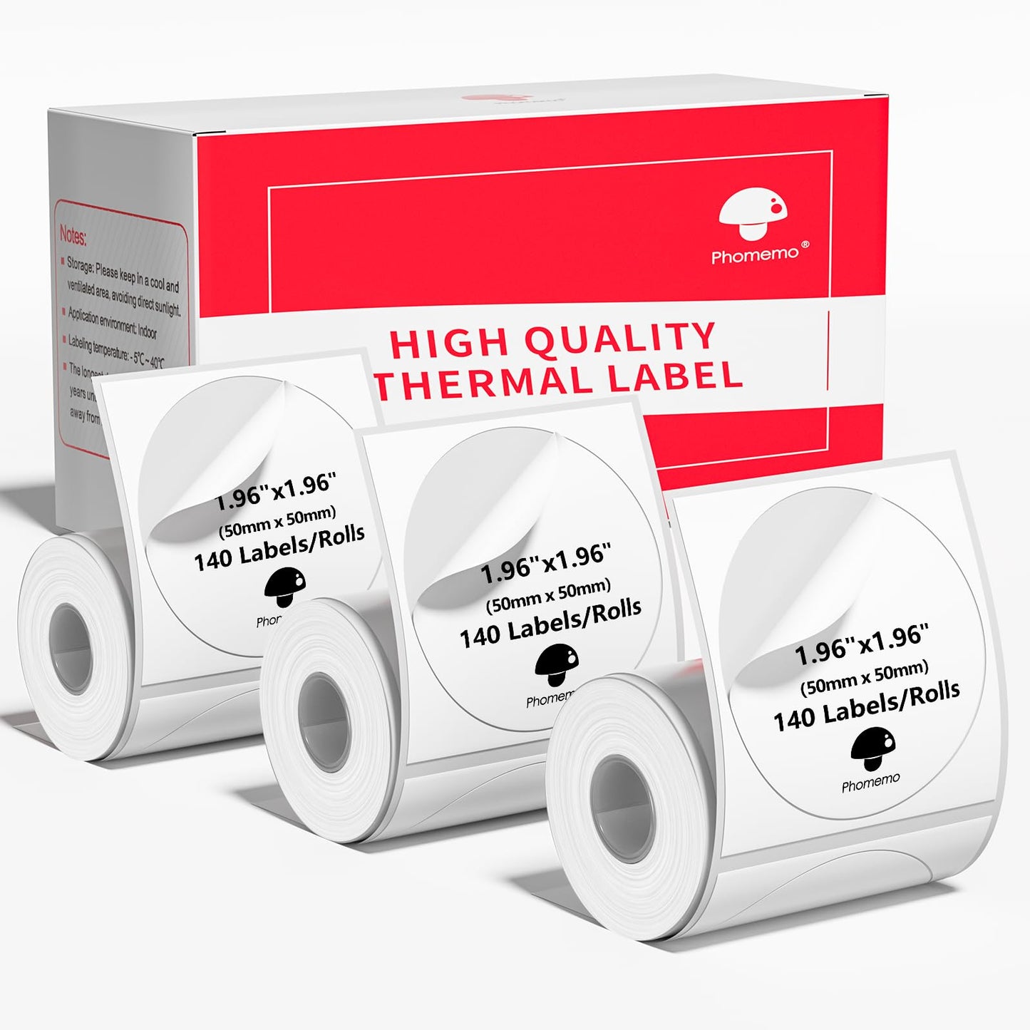 [3x140 pcs] Phomemo Thermal Sticker Label Paper, Multi-Purpose Self-Adhesive Tag for M110, M220, M120, M200, M221 Label Maker Machine, Phomemo Original Labels 1.96''x1.96'' (50x50mm), Black on White