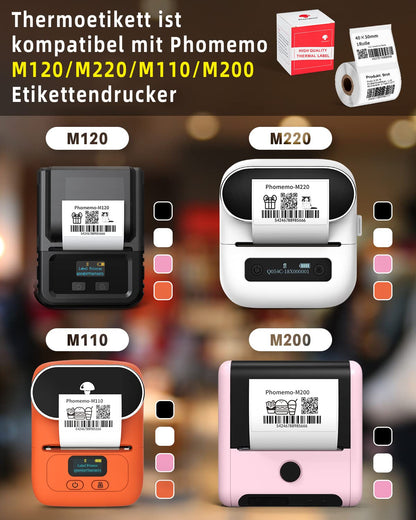 Phomemo Printer labels for M120/M220/M110/M200, Square self-adhesive thermal paper multifunction labels, 40 x 30 mm (1.57 x 1.18 inch), 230 labels/roll