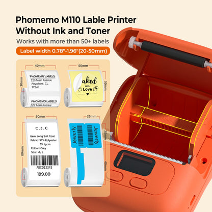 Phomemo - M110 Label Printer - Wireless Bluetooth Thermal Label Machine for Clothing, Jewelry, Retail, Home, Portable Barcode Labeling Machine Compatible with Android and iOS Phone, Orange