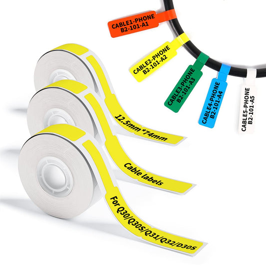 Phomemo Q30 Q30S Q31 Q32 D30 D35 D30S Cable Labels Tape Colorful Waterproof Wire Cord Labels, (12.5mm X 74mm) 65 Labels/Roll, Tags Stickers Tear Resistant Flexible,Black on Yellow Paper, 3 Roll