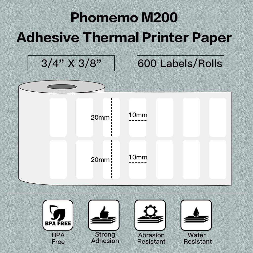 Phomemo 3 rollos Etiquetas M110 Etiqueta t¨¦rmica autoadhesiva Multifunci¨®n,Etiquetas multiuso, 0,79''x0,39''(20x10mm),Adecuada para la Phomemo M110 M200 M120 M220 M221,600 etiquetas/rollo
