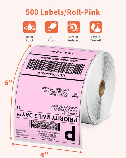 Phomemo 4x6 Pink Labels for Thermal Label Printer - 500pcs Pink Shipping Labels - Commercial Grade Thermal Printer Labels for Small Business Supplies - Water/Oilproof 4x6 Thermal Printer Paper