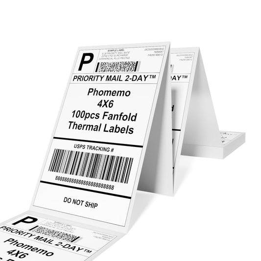 Phomemo 4''x6'' Direct Thermal Shipping Label, Pack of 100 4x6 Thermal Labels Fanfold - for Shipping Labels,Mailing,Address, Product Logo, Barcode Labels,Strong Adhesive (White)