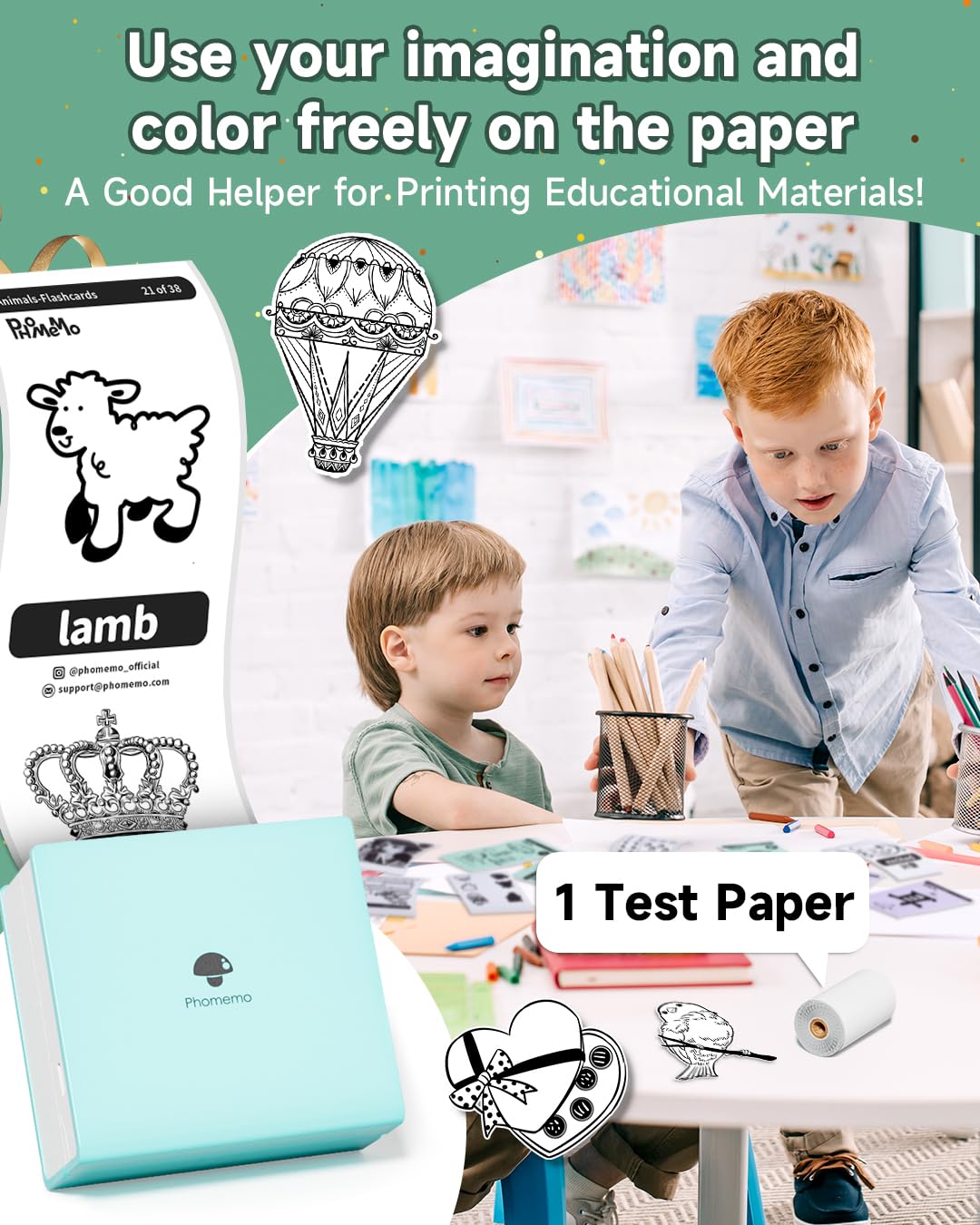 Phomemo Sticker Printer- Mini Printer M02 Portable Thermal Printer Sticker Maker Inkless Pocket Printer Bluetooth Photo Printer for Learning Assistance, Study Notes, Journal, Fun, Work, Receipts