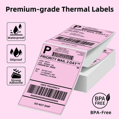 Phomemo 4x6‘' 500 Étiquettes/pile, Étiquettes d'expédition roses Compatibles avec les imprimantes d'étiquettes MUNBYN, Phomemo, Étiquettes thermiques sans BPA Autocollantes -100 x 150mm