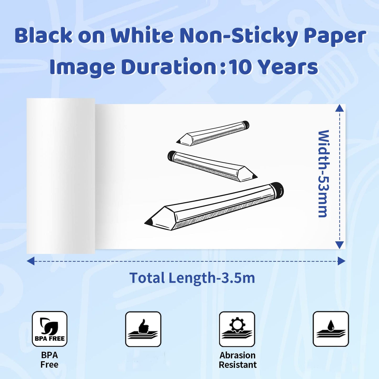 Phomemo White Paper- for M02X/T02 Printer 10 Years Black on White Non-Sticky Paper 53mm x6.5m, 3 Rolls