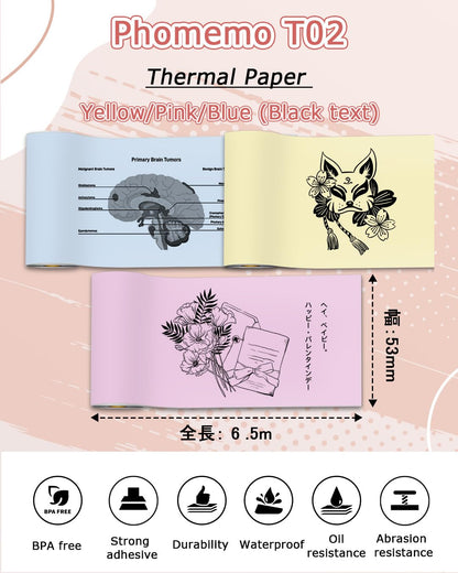 Phomemo T02 Pink/Yellow/Blue Thermal Paper, Non-Adhesive Color Printer Paper, Compatible with T02 M02X, 2.08'' x 21.3' (53mmx 6.5m/roll), Black Text, Keep for 5 Years, 3 Rolls