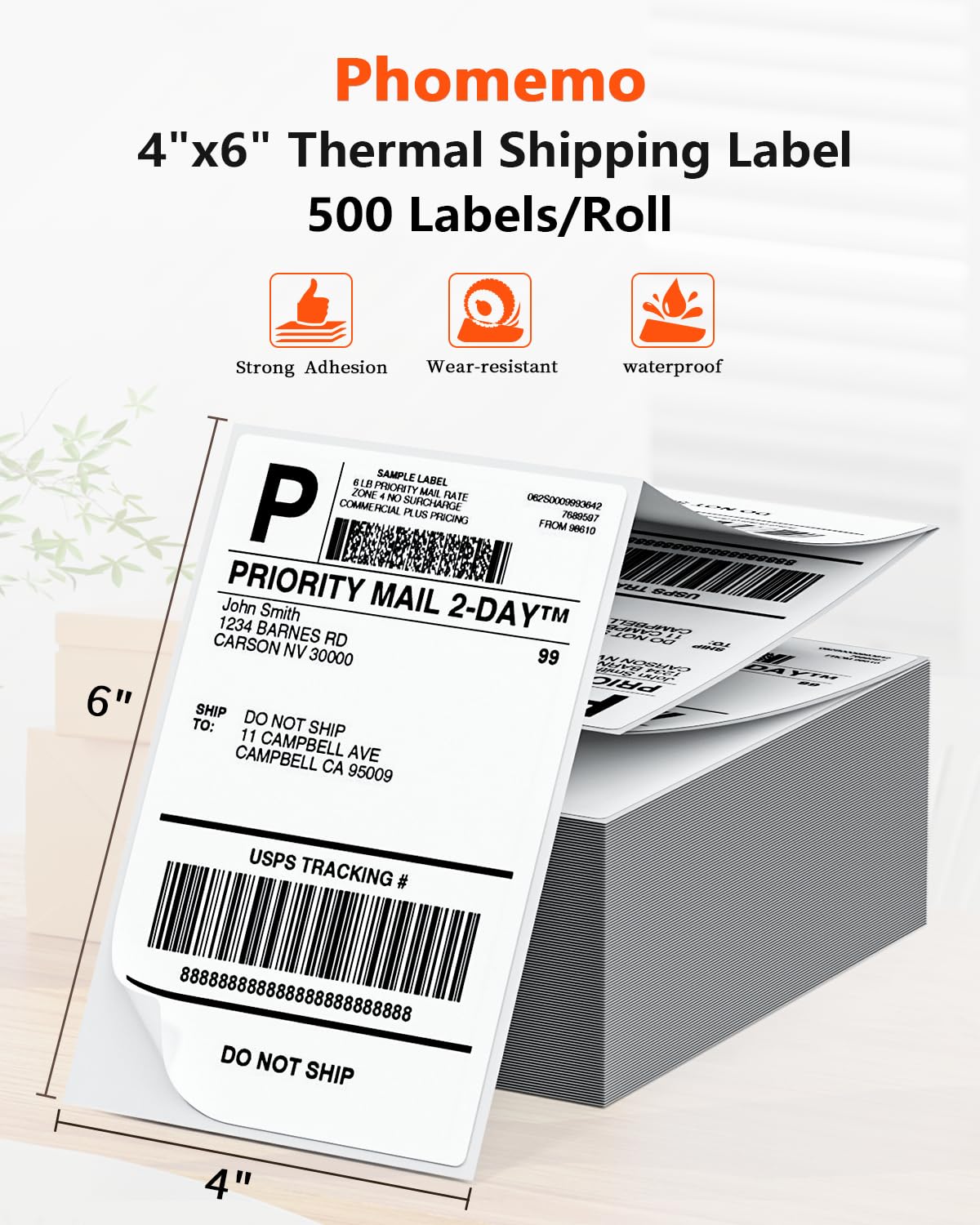 Phomemo 4x6 Thermal Direct Shipping Label, 4''x 6'' Fan-Fold Labels, Compatible with Rollo, MUNBYN, Zebra, Fargo Label Printer, 1 Pack of 500 Labels
