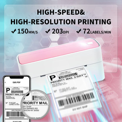 Phomemo Bluetooth Shipping Label Printer 4x6, Desktop Thermal Label Printer Machine for postage, Shipping Packages, Address, Small Business, Compatible with Royal Mail, Pink