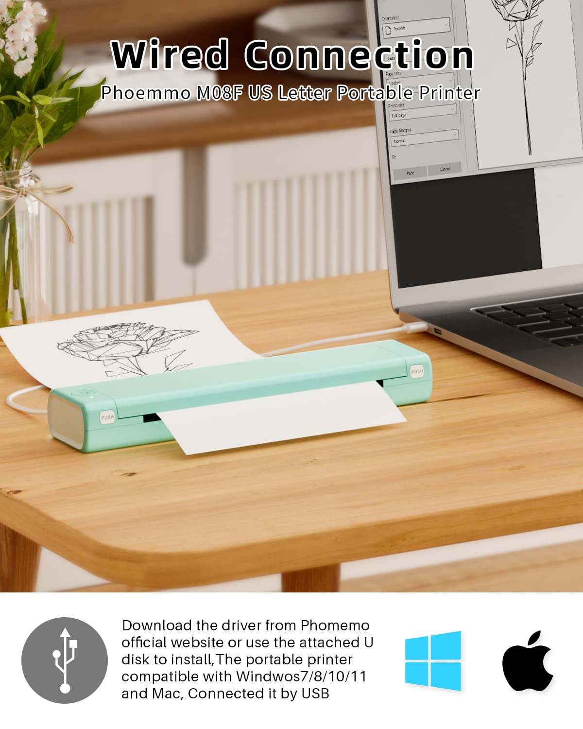 Phomemo Portable Printer Wireless for Travel, M08F Wireless Thermal Printer, Bluetooth Inkless Printer Support 8.5'' x 11'' US Letter, Mobile Printer Compatible with Android/iOS Phone & Laptop