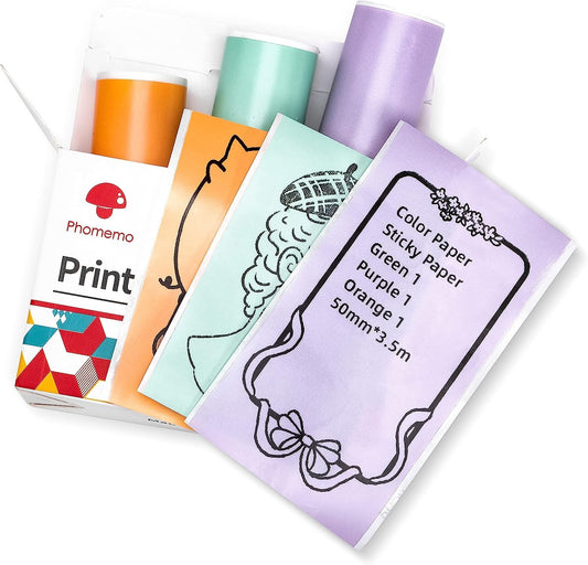 Phomemo T02/M02X/M02L Color Sticker Paper for T02/M02X/M02L Mini Pocket Printer, 3 Rolls of Self-Adhesive Thermal Color Sticker Paper, 53mm x 3.5m, 20 Years, Purple/Green/Orange