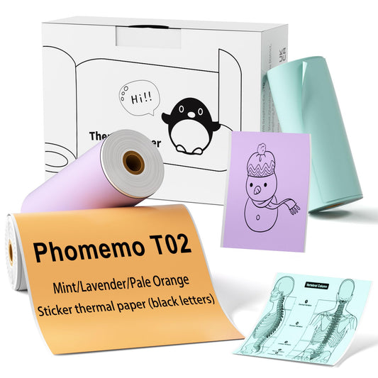 Phomemo T02 Mint Green/Lavender Purple/Light Orange, Adhesive Thermal Paper, Color Printer Paper, Compatible with T02 M02X M02L, 1.96'' x 11.4' (50mmx3.5mm)/Roll, Black Text, Keep for 20 Years, 3 Rolls
