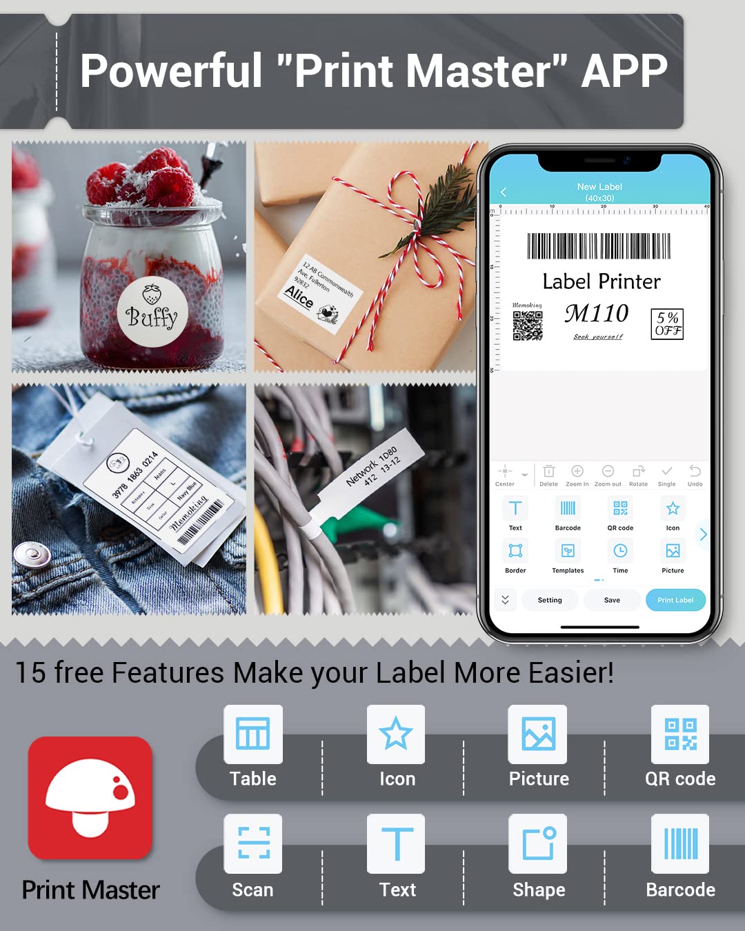 Label Maker - Phomemo M110 Portable Bluetooth Thermal Mini Label Maker Machine, Sticker Maker, Barcode Printer for Clothing, Jewelry, Retail, Mailing, Compatible with Android & iOS System