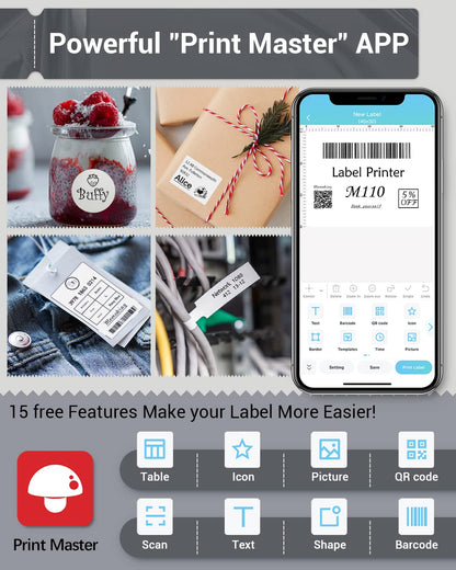 Label Maker - Phomemo M110 Portable Bluetooth Thermal Mini Label Maker Machine, Sticker Maker, Barcode Printer for Clothing, Jewelry, Retail, Mailing, Compatible with Android & iOS System
